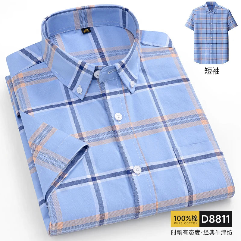 Summer 100% Pure Cotton Men Shirts Short Sleeve Dress Shirts Male Slim Social Business Blouse Solid Color Oxford Shirt 7XL 8XL