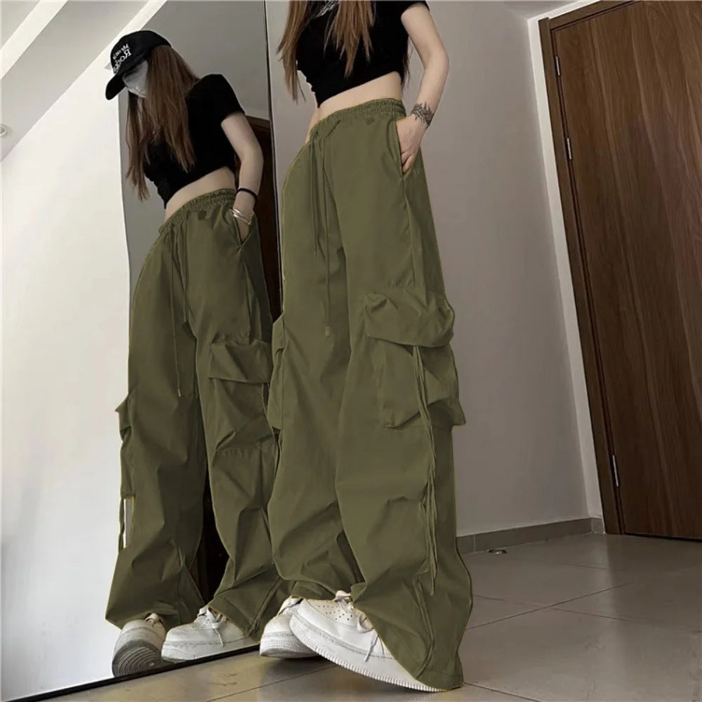 SweatPants Women Vintage Cargo Pants Fashion Elastic Waist Retro Oversized Solid Wide Leg Pant Casual Streetwear Baggy Trousers