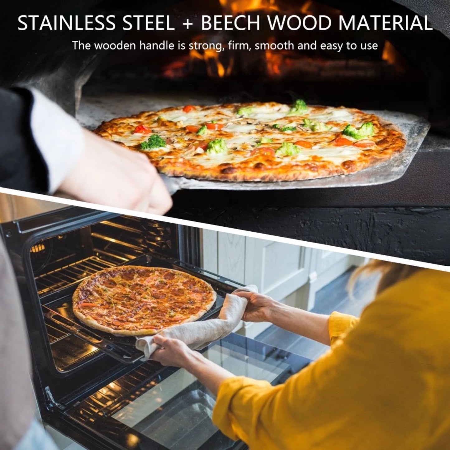 12 Inch Stainless Steel Pizza Peel Metal Round Pizza Paddle, Large Pizza Spatula with Wood Handle