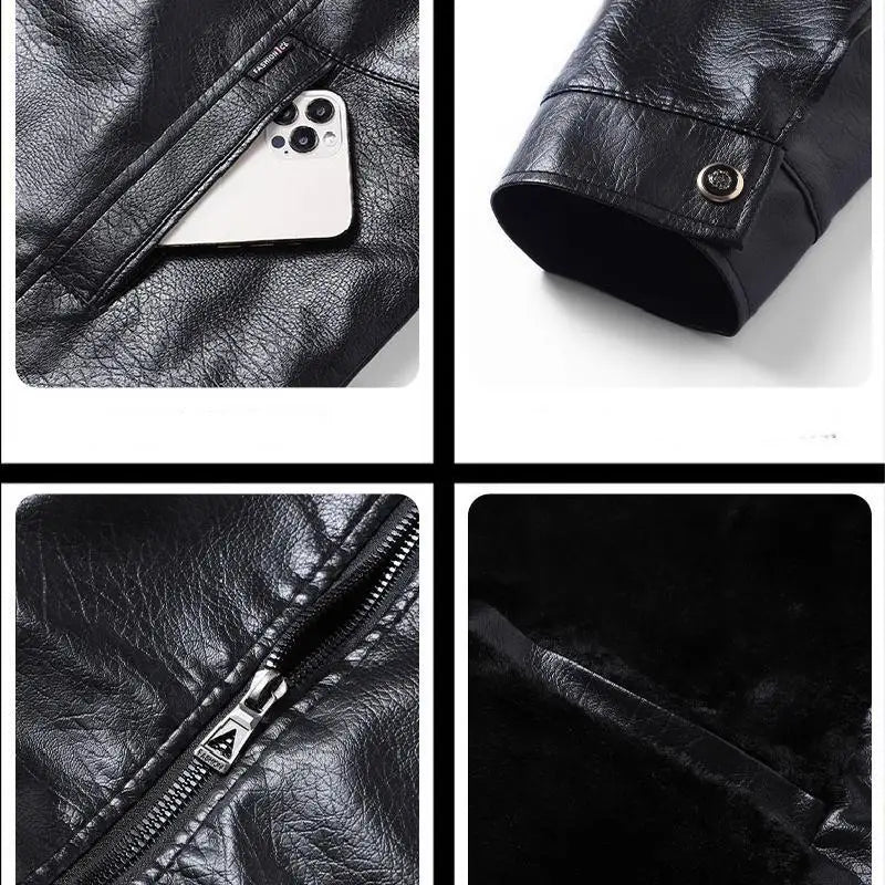 Winter Men Fleece Motor Biker Leather Jacket Man Lapel Thick Outwear Leather Coat Man Vintage Formal Fashion Leather Windbreaker