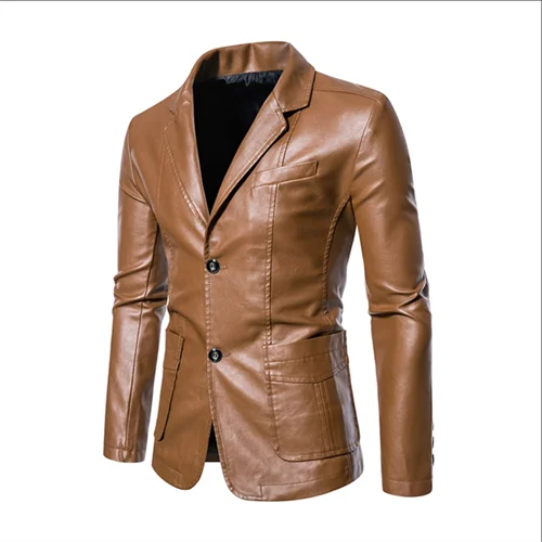 2024 New Men Business Casual Leather Jacket Black / khaki Fashion Male Suit Collar Coats Large Size 5XL Slim Fit Top
