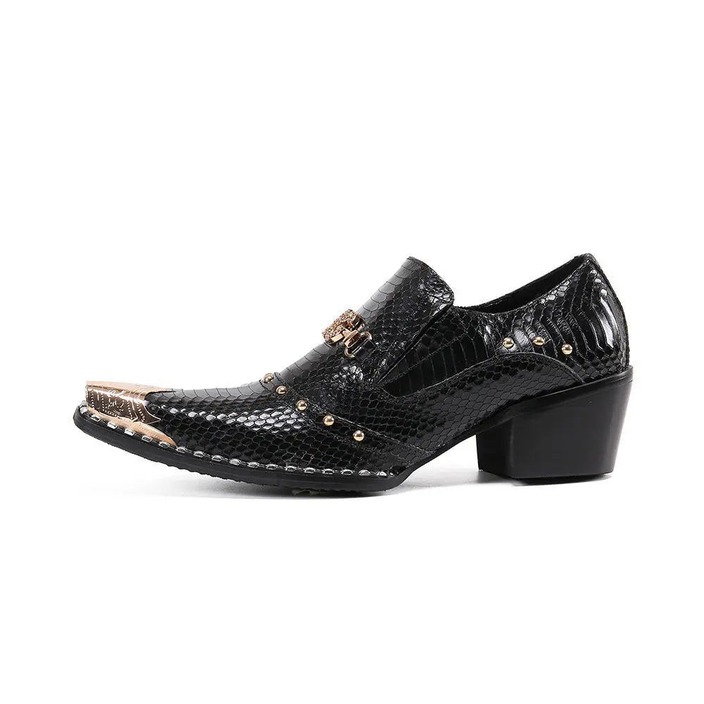 2025 New Men 's Business Casual Leather Snake Scale Pointed High Heel Trend Hair Stylist Leather Shoes