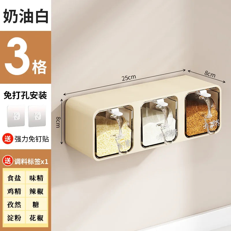 AOBT Wall-mounted moisture-proof seasoning box for home kitchen with condiment bottles for salt, MSG, and other condiments.