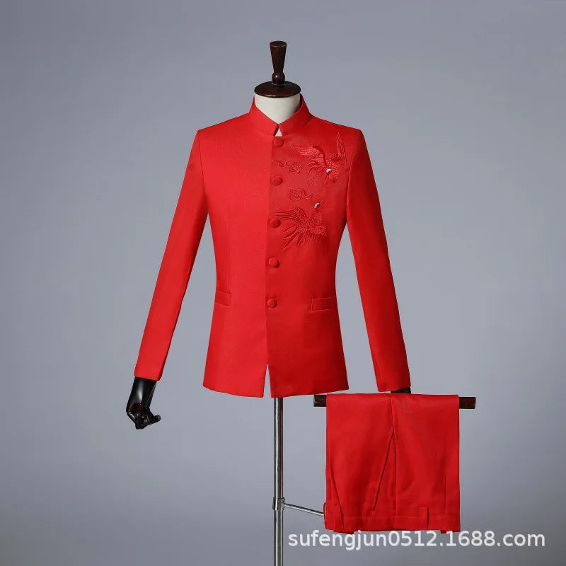 2025 New Men Chinese Style Embroidered Standing Collar Suit 2 Piece Fashion Homme Wedding Prom Party Performance Blazer and Pant