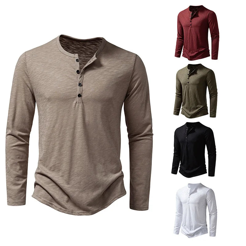 2025 Fashion Men's Long Sleeve T-Shirt Bamboo Cotton Henley Polo Shirt Fashion Men's Long Sleeve T-Shirt tops