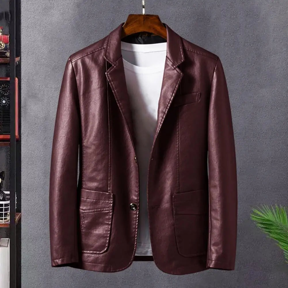 2024 Men's Leather Jackets Lapel Business Leather Jackets Men PU Blazers Korean Style Slim Men Fashion Leather Coat Outwear