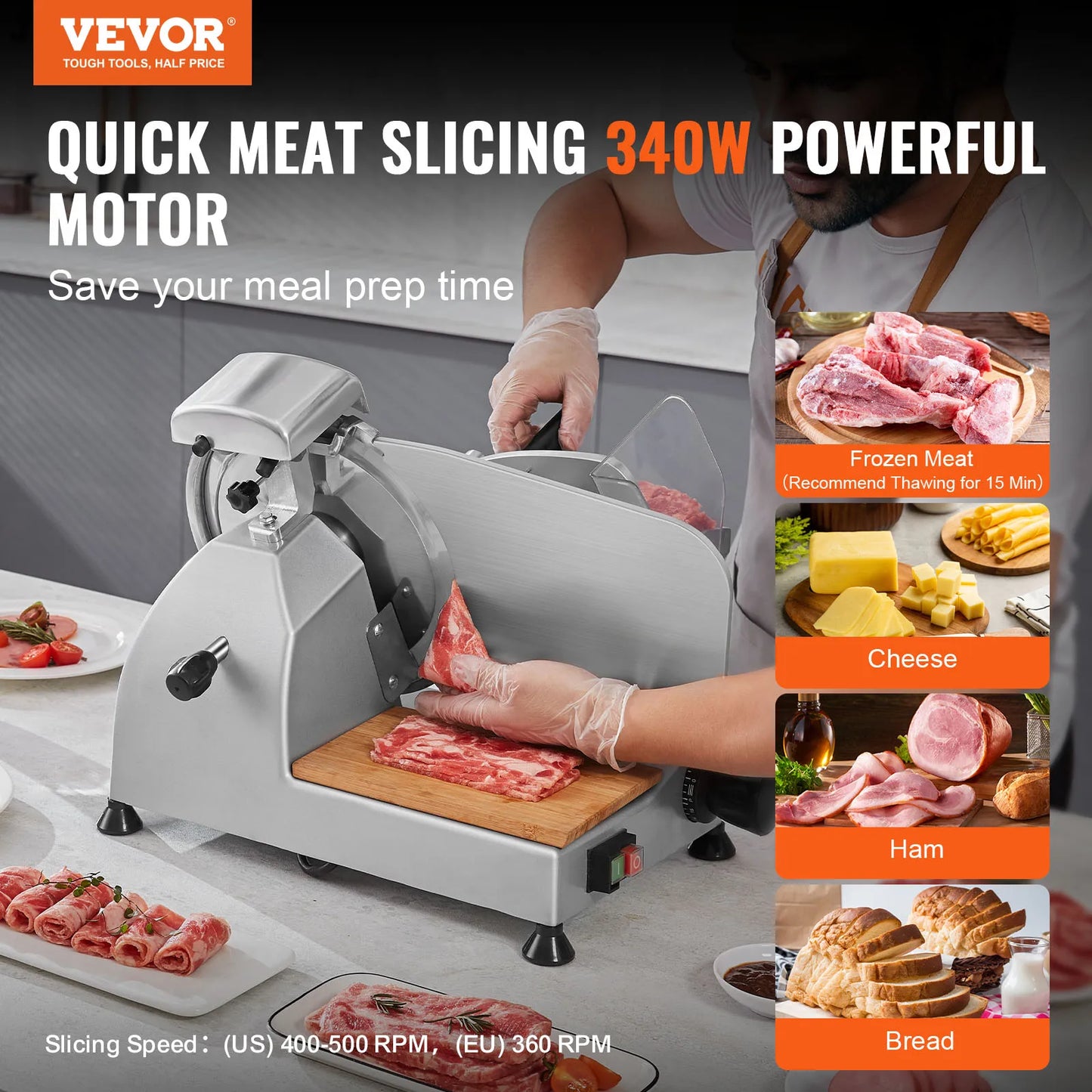 VEVOR 340W Meat Slicer Electric Deli Food Slicer with SUS420 Stainless Steel&Built-in Sharpening Stone for Commercial and Home