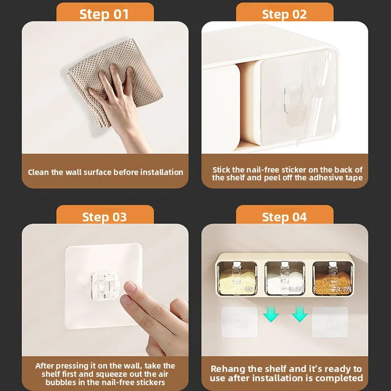 AOBT Wall-mounted moisture-proof seasoning box for home kitchen with condiment bottles for salt, MSG, and other condiments.