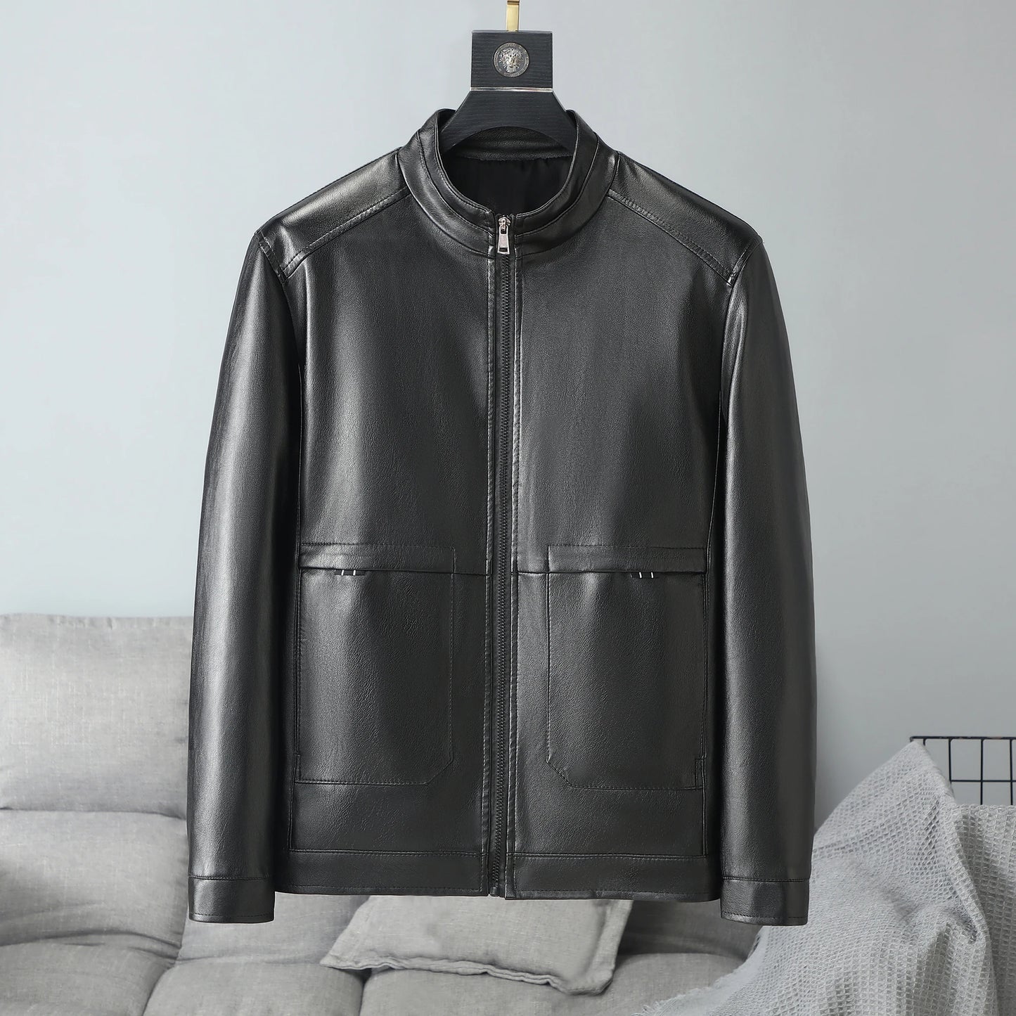 2025 New Autumn Men Leather Jacket Stand Collar Business Casual Relaxed Fit Dads Leather Jacket for Middle Aged Men Comfortable