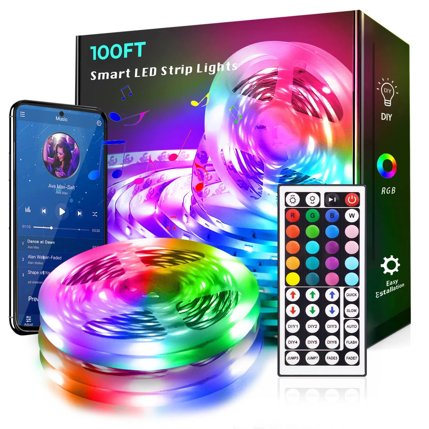 100ft led Strip Lights  Tape Lights with Remote Bluetooth Smart App 5050 RGB Color Changing Strip Lighting Bedroom Kitging Decor