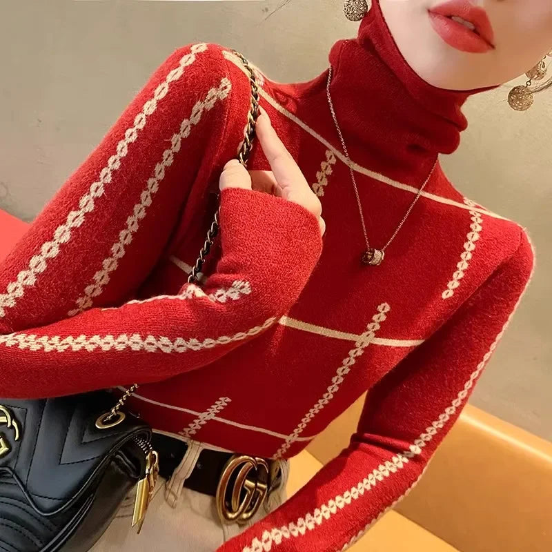 Women Commute Fashion Jacquard Turtleneck Sweaters Autumn Winter Temperament Elegant Elastic Slim Knitted Pullovers