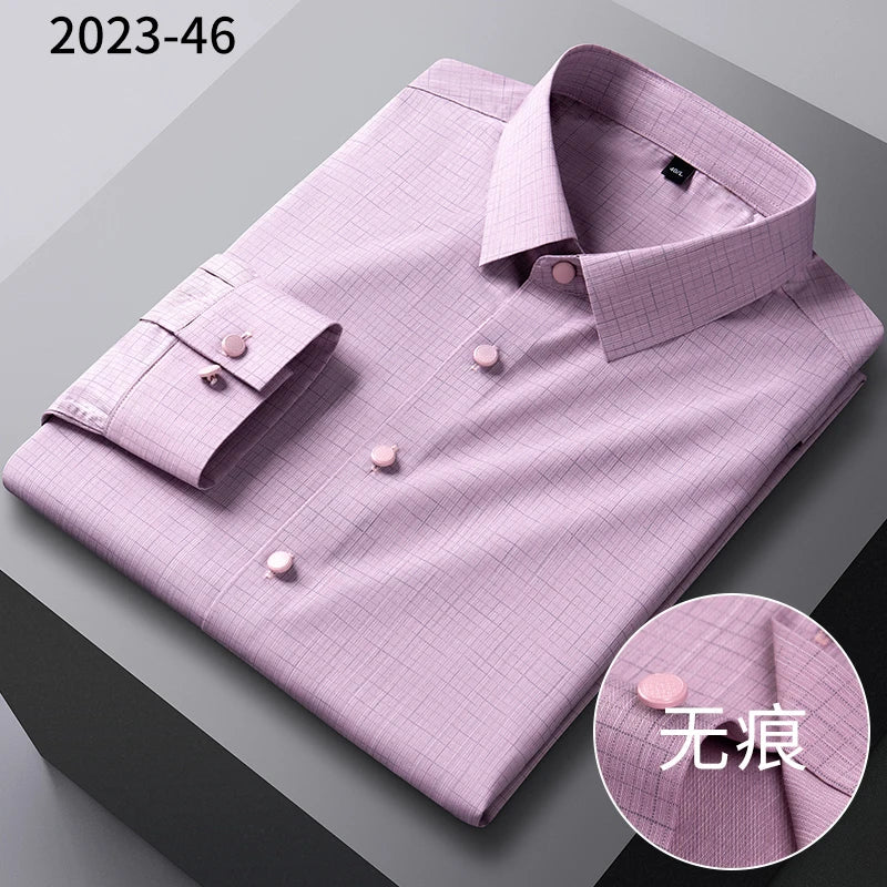 2025New Bamboo Fiber Men's Shirt Fashionable Business Casual Men Clothing Solid Color Elastic No-Iron Easy-Care Long-Sleeved Top