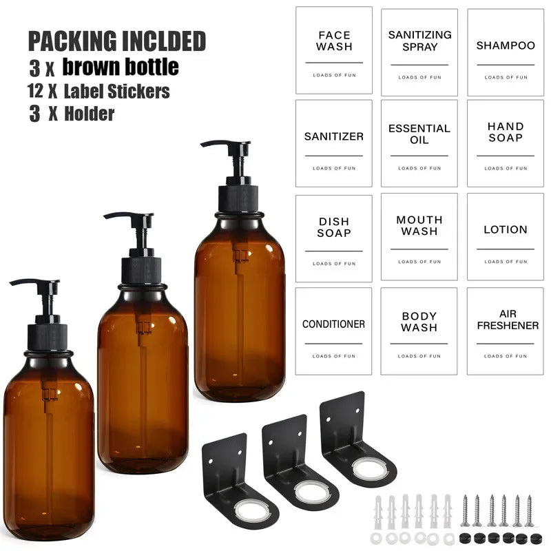 1/2/3PCS 500ML Brown Soap Dispenser With Lables Wall Mount Lotion Bottle Shower Gel Shampoo Empty Container For Bathroom Kitchen