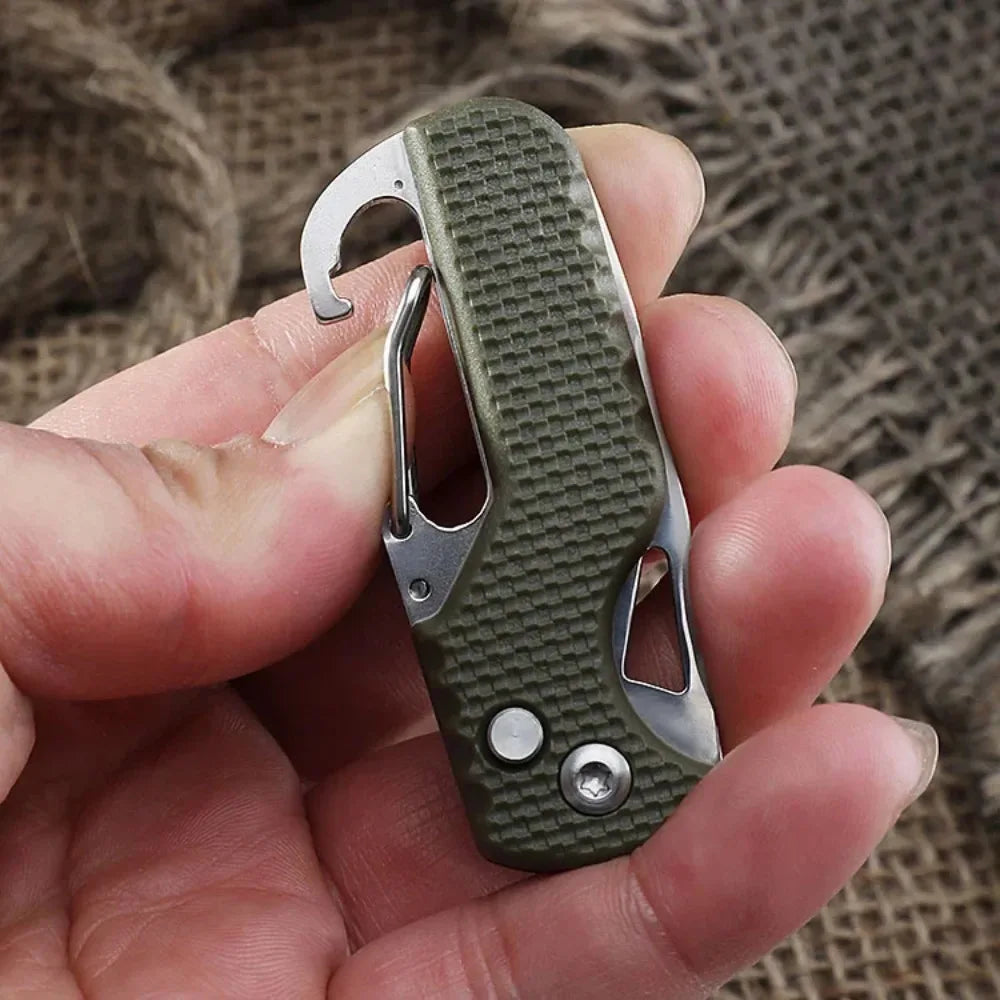 Survival - Stainless Steel Folding Knife w/ Bottle Opener, Serrated Hook & Keychain for Camping/Emergency