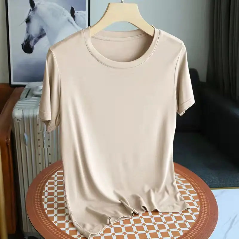 Fashion 2025 New Korean Women's Modal ONeck Short Sleeve T-Shirt Coffee Solid Color Casual Summer Lady Clothing Tee Basic Top
