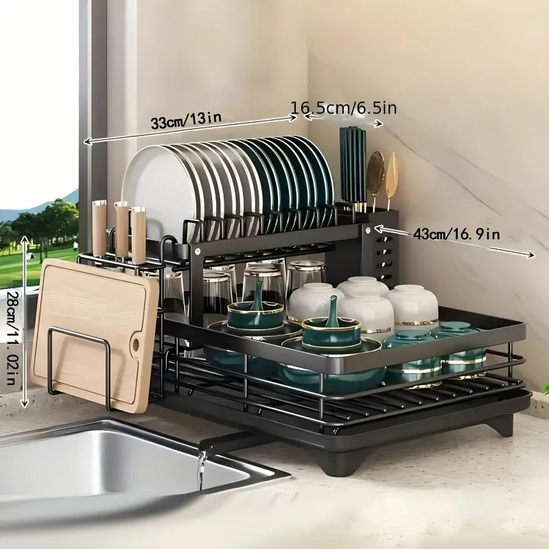 Double-tier extendable dish drainer, suitable for kitchen worktops as a large-capacity utensil rack and draining board.