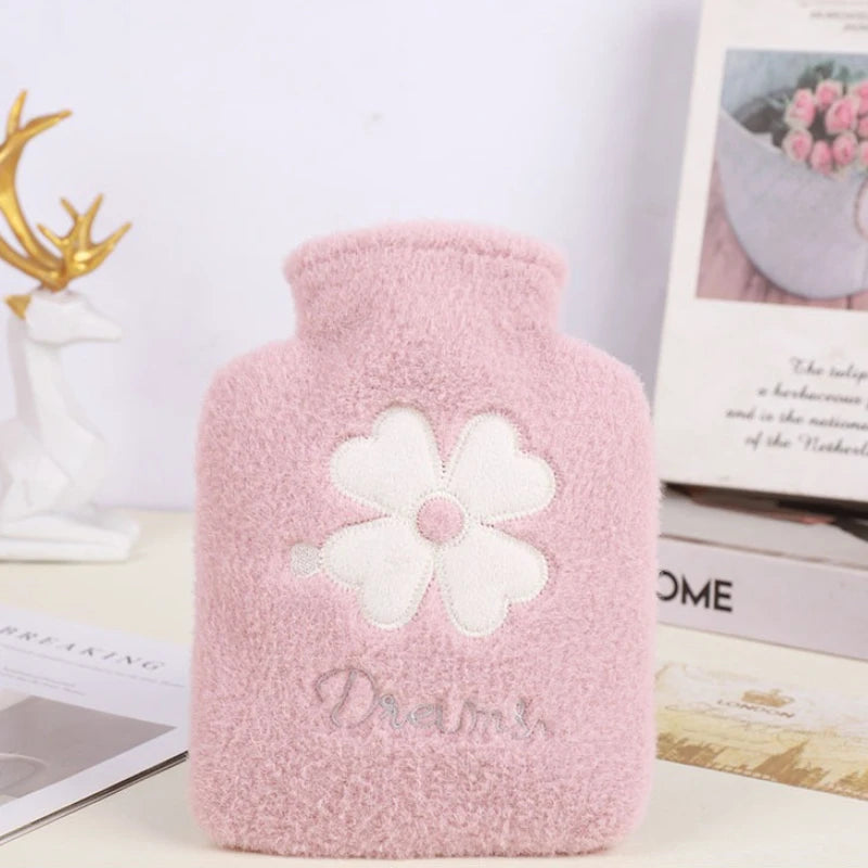 1pc 500ml Warm Water Bag Water-filled Hot Water Bottle Heat Pack Hand Warmer with Plush Cover for Winter Menstrual Cramps