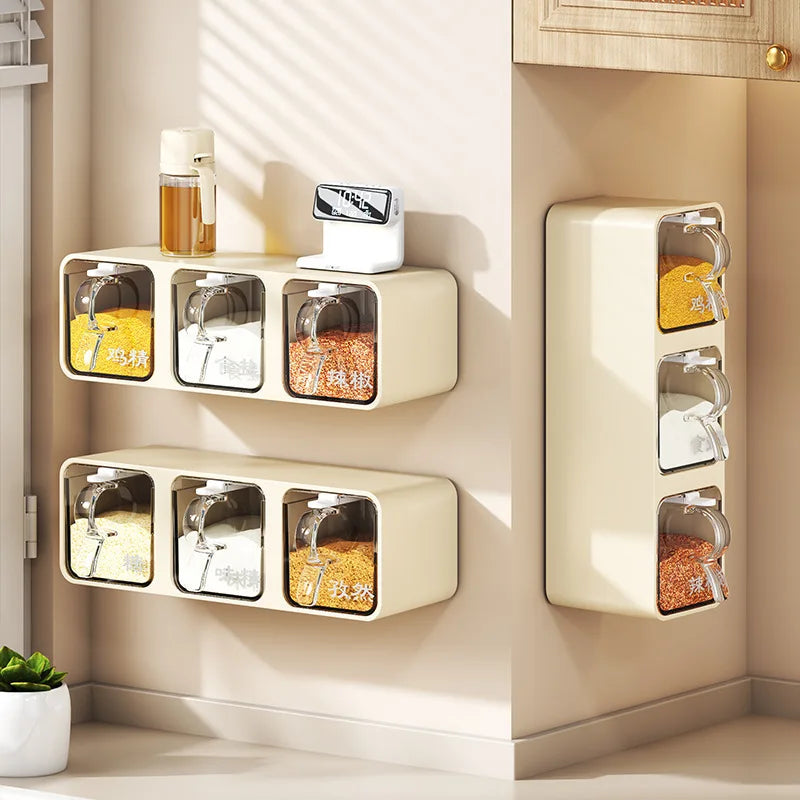 AOBT Wall-mounted moisture-proof seasoning box for home kitchen with condiment bottles for salt, MSG, and other condiments.