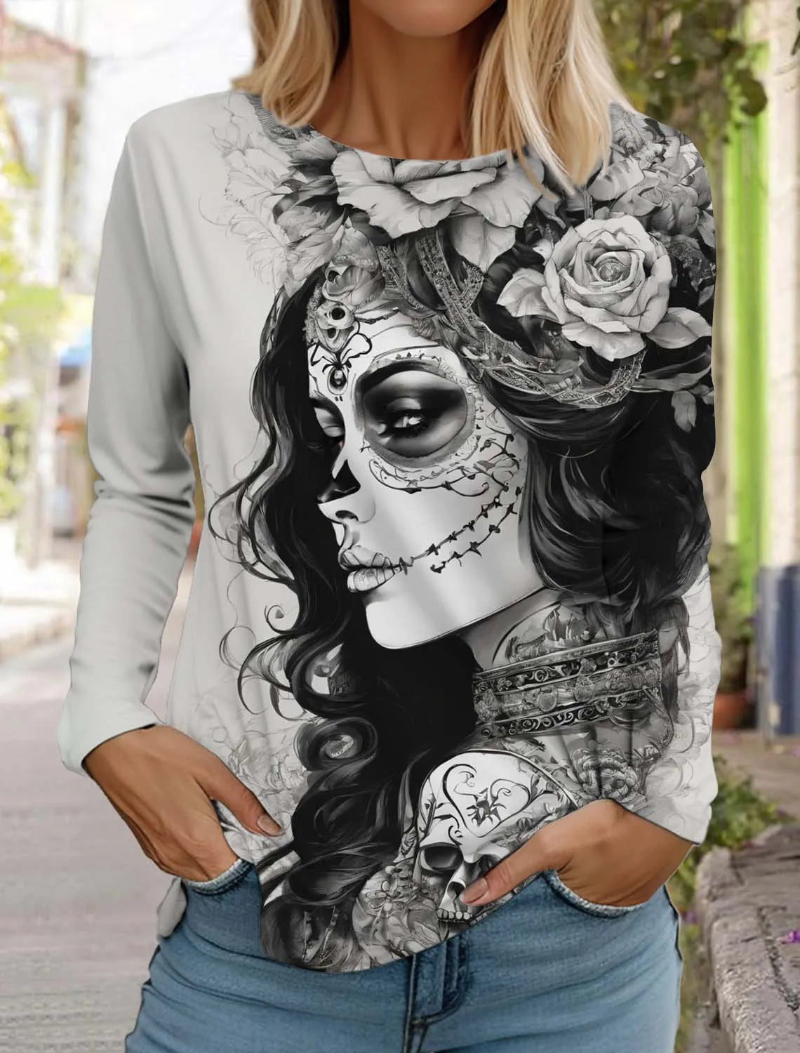 Sugar Skull Pattern Womens Long Sleeve Shirt Day of the Dead Shirts Fashion 3D Printed Tops Summer Gothic style Women's Clothing