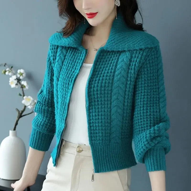 Autumn Winter Chic Solid Turn-down Collar Zipper Thickening Sweaters Women Clothing Fashion Commute Loose Knitted Cardigan