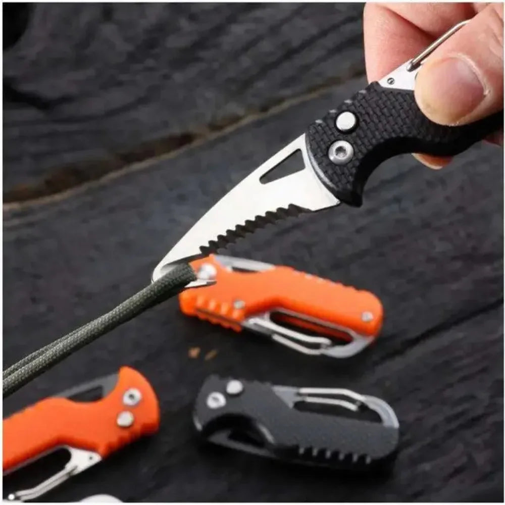 Survival - Stainless Steel Folding Knife w/ Bottle Opener, Serrated Hook & Keychain for Camping/Emergency