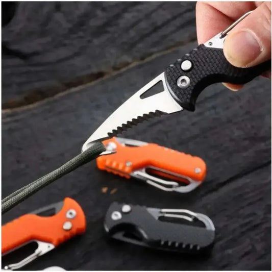 Survival - Stainless Steel Folding Knife w/ Bottle Opener, Serrated Hook & Keychain for Camping/Emergency