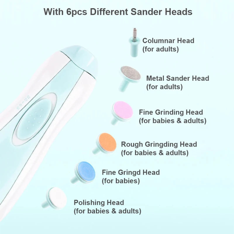 6-in-1 Baby Nail Trimmer with LED Light Electric Nail Trimmer Kit for Infants Toddlers Kids w/ 6pcs Sander Heads Safe Low Noise