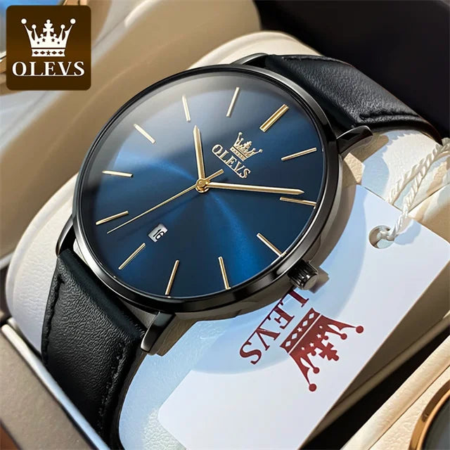 Top Brand OLEVS Ultra Thin 6.5mm Minimalist Fashion Quartz Watch for Men Leather Strap Auto Date Male Waterproof Mens Wristwatch