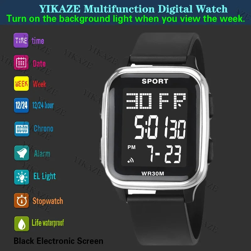 YIKAZE Sports Watch for Men Waterproof Multifunction Electronic Watch Ultra-thin Men's LED Digital Wristwatch for Man Student