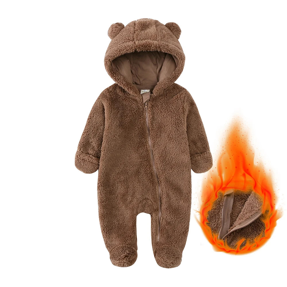 2025 Winter Baby Rompers Infant Fleece Bear Hooded Onesies Newborn Baby Boy Girl Zipper Jumpsuit Bodysuit Pyjamas