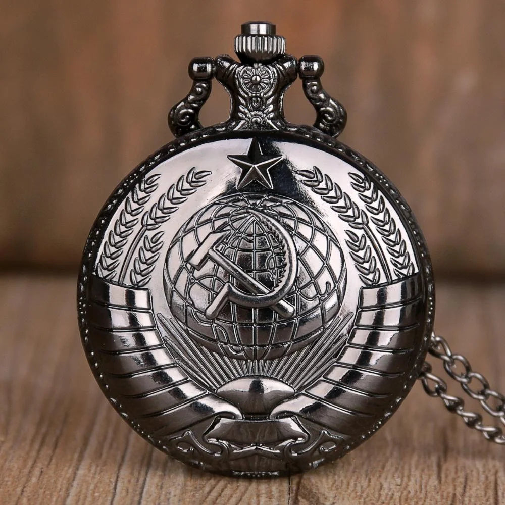 Vintage Emblem Soviet Badges Hammer Sickle Pocket Watch Retro Russia Army Communism Necklace Clock Chain for Men Women