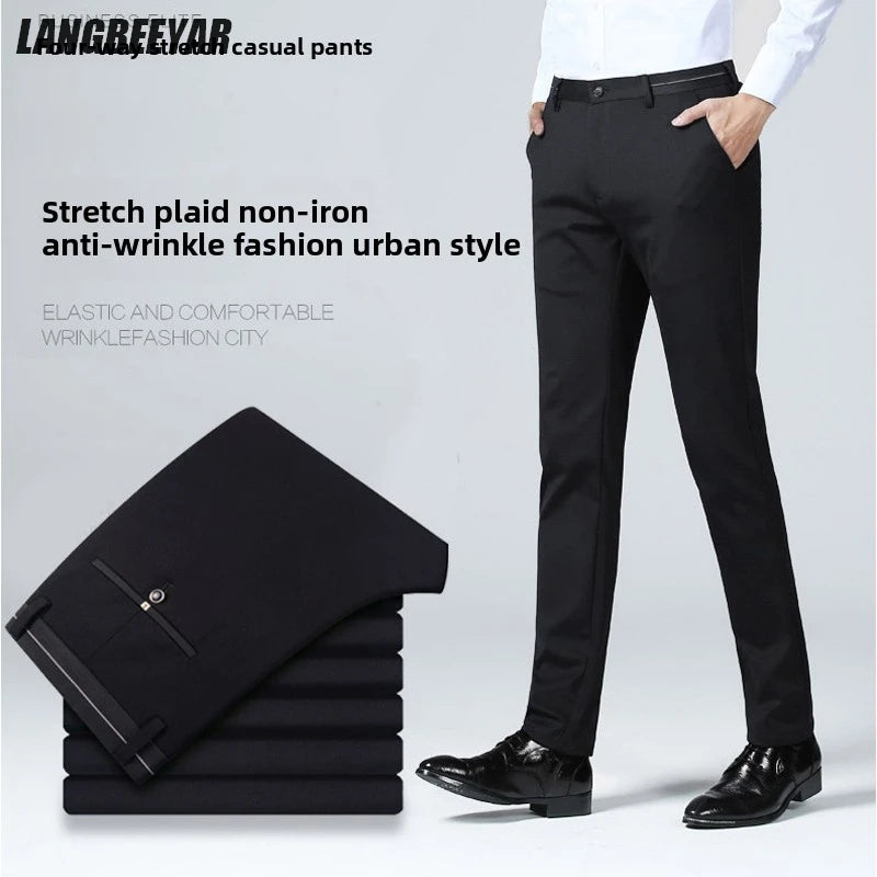 Top Grade Flat Waist Milk Shreds Business New Brand Casual Office Fashion Long Straight Pants Men Trousers Mens Clothes 2025