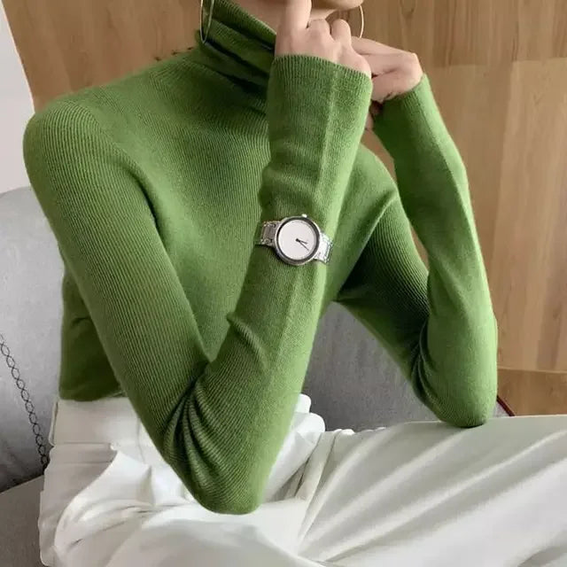 2025 Korean Style Turtleneck Long Sleeve Pullover Fashion Soft Warm Basic Sweater Women's Autumn Winter Slim Solid Knitwear Tops