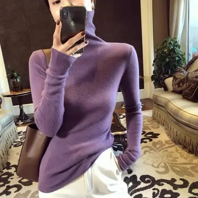 2025 Korean Style Turtleneck Long Sleeve Pullover Fashion Soft Warm Basic Sweater Women's Autumn Winter Slim Solid Knitwear Tops