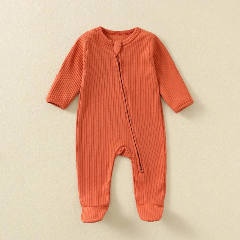Baby Romper Long Sleeve Footed Cotton Zipper Front Outfit Spring Fall Newborn Unisex Ribbed Knitted Jumpsuit Pajamas Solid