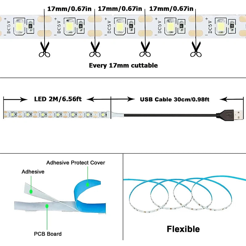 Warm White Led Strip Lights Usb White Led Tape Light 5V Flexible Led Lighting Strips Adhesive 2835 Led Lights Strip For Room