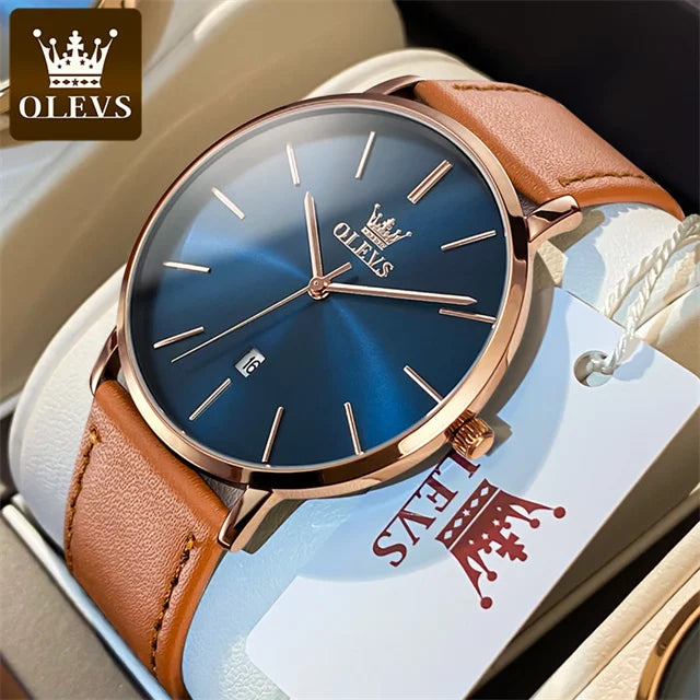 Top Brand OLEVS Ultra Thin 6.5mm Minimalist Fashion Quartz Watch for Men Leather Strap Auto Date Male Waterproof Mens Wristwatch