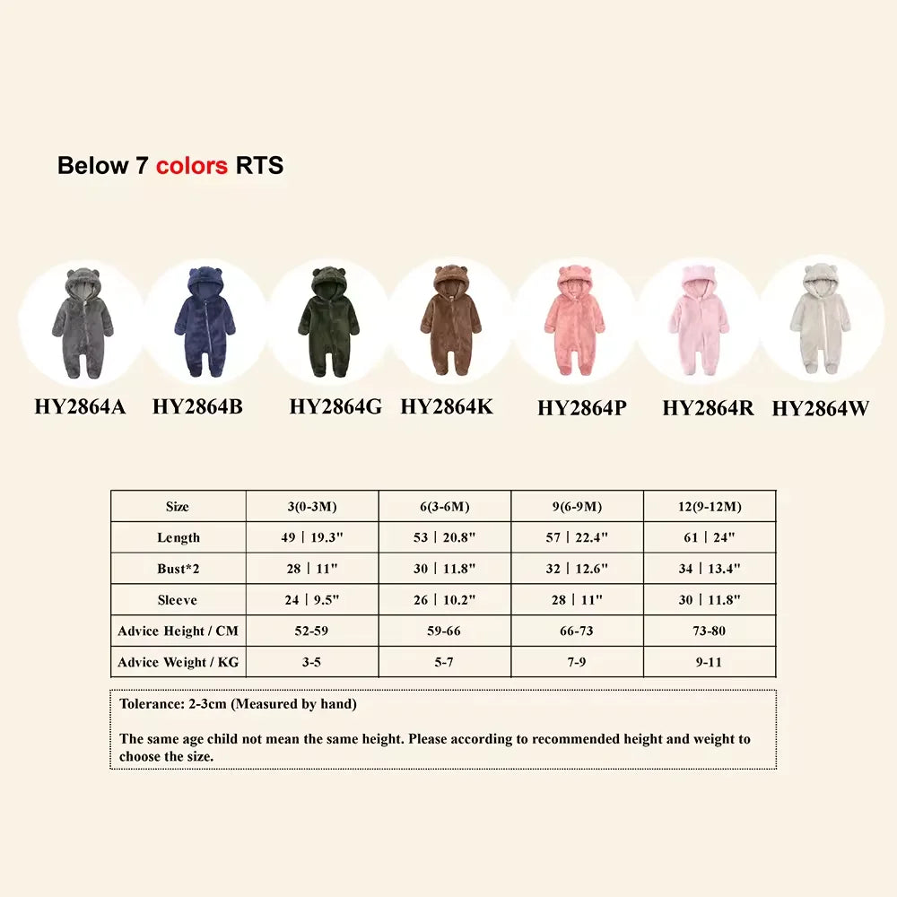 2025 Winter Baby Rompers Infant Fleece Bear Hooded Onesies Newborn Baby Boy Girl Zipper Jumpsuit Bodysuit Pyjamas