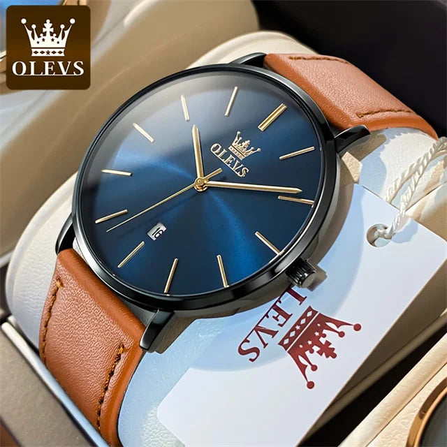 Top Brand OLEVS Ultra Thin 6.5mm Minimalist Fashion Quartz Watch for Men Leather Strap Auto Date Male Waterproof Mens Wristwatch