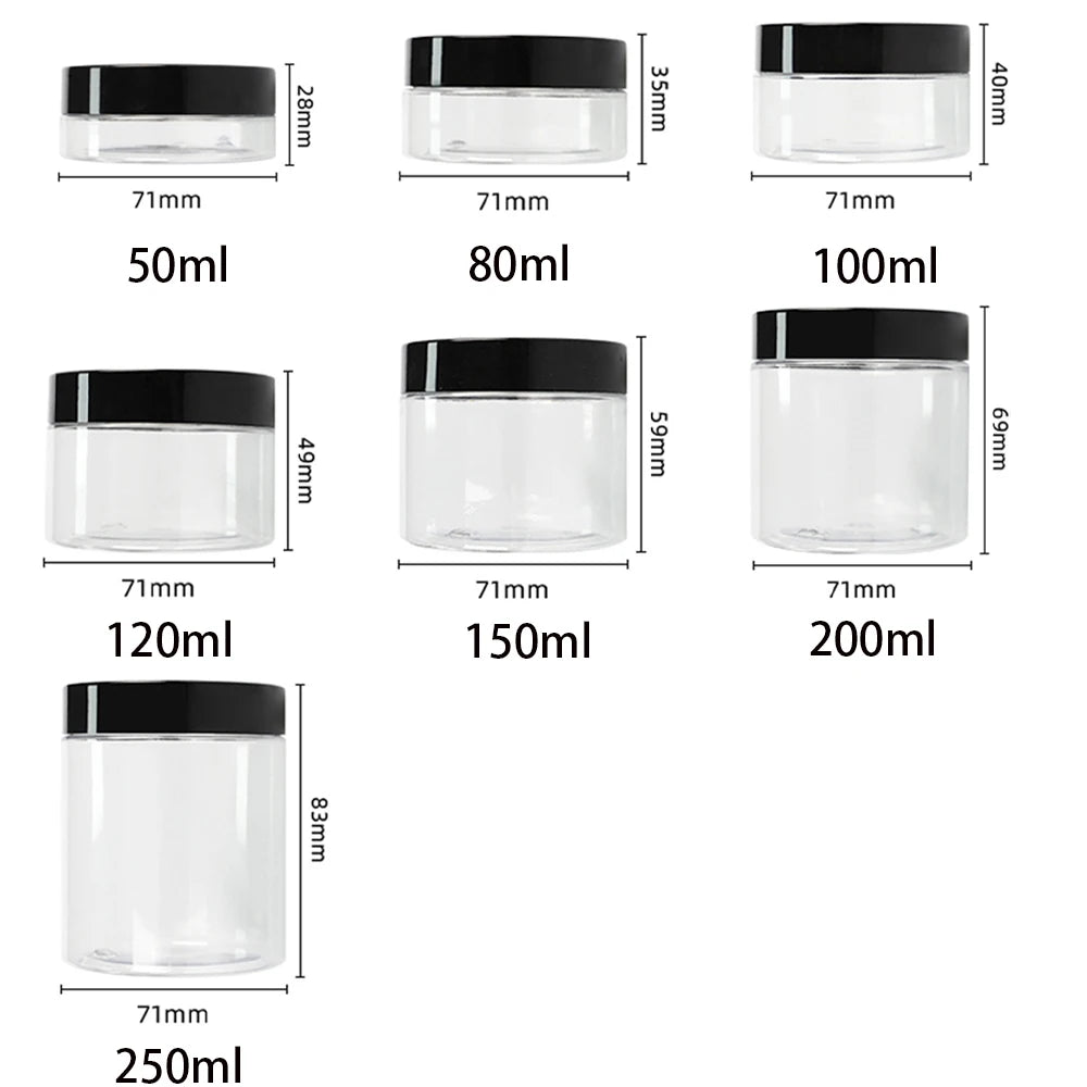 20pcs 250/200/150/100/50ml Empty Cream Jar Transparent Plastic Cosmetic Container with Aluminum Lid Storage Jar Makeup Bottle