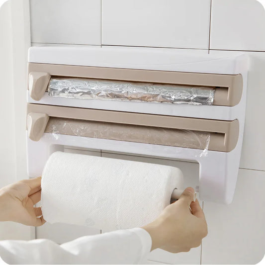 Kitchen Paper Towel Holder Wall-Mount Adhesive Tissue Hanger Sauce Bottle Rack 4In1 Cling Film Cutting Holder Organizer