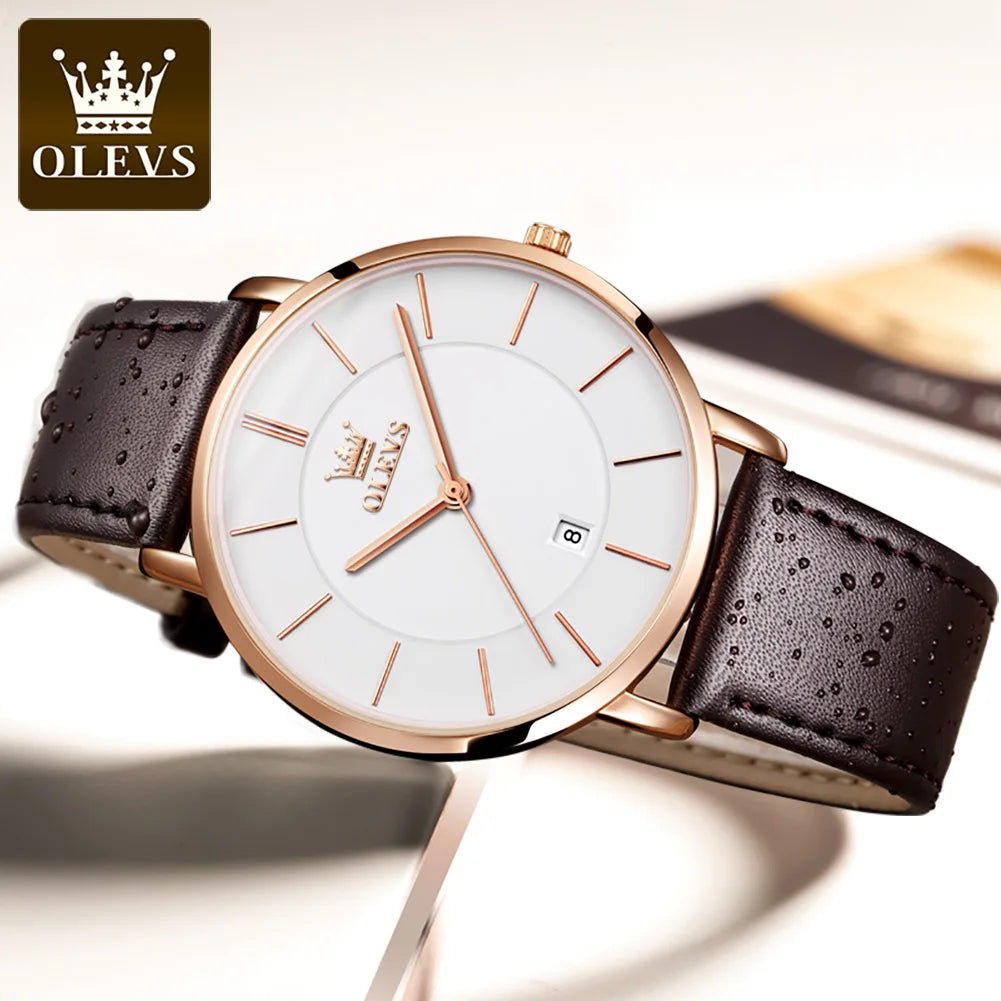 Top Brand OLEVS Ultra Thin 6.5mm Minimalist Fashion Quartz Watch for Men Leather Strap Auto Date Male Waterproof Mens Wristwatch