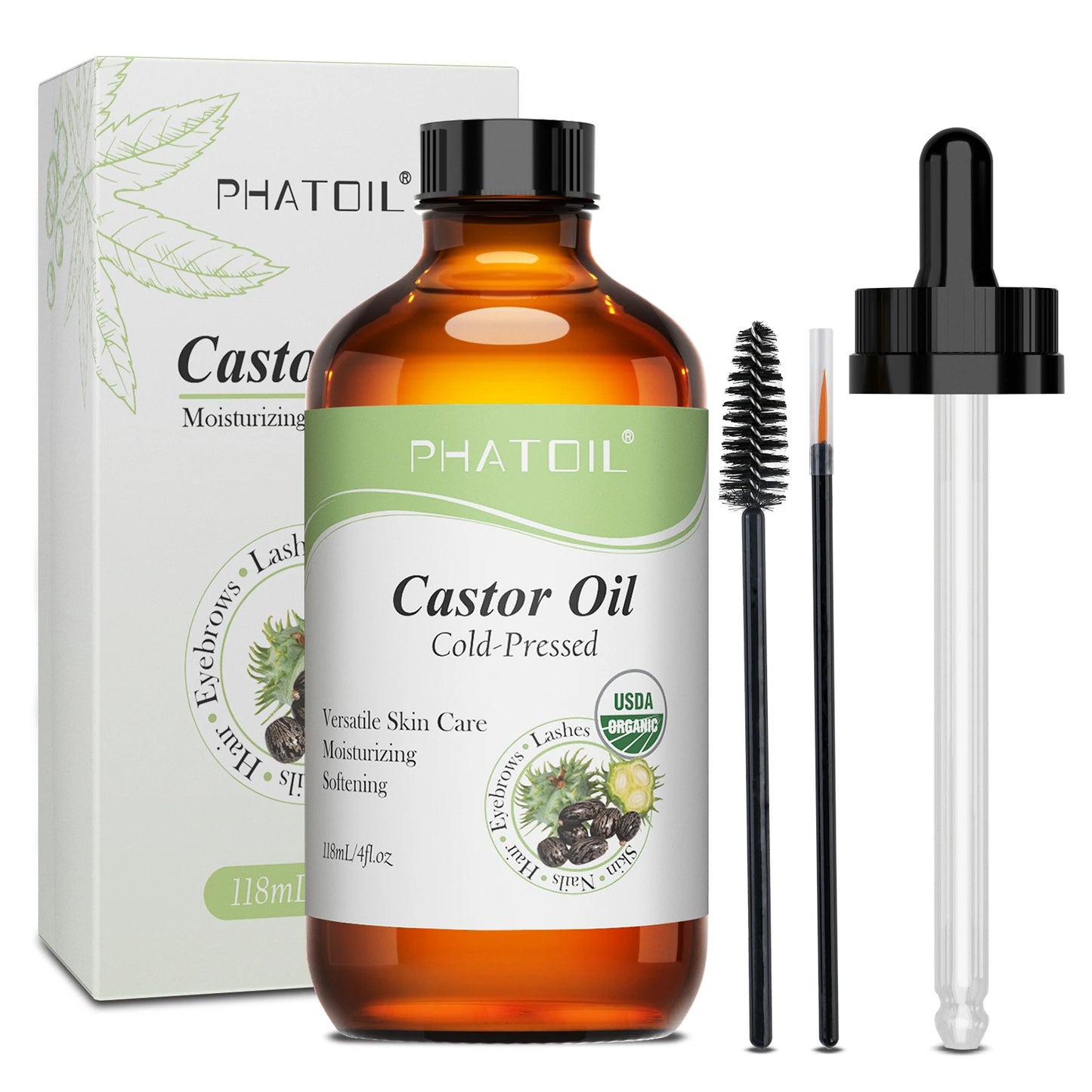 PHATOIL 118ml/236ml Organic Castor Oil 100% Pure and Natural Cold Pressed Castor Oil for Hair Growth, Eyelashes and Eyebrows