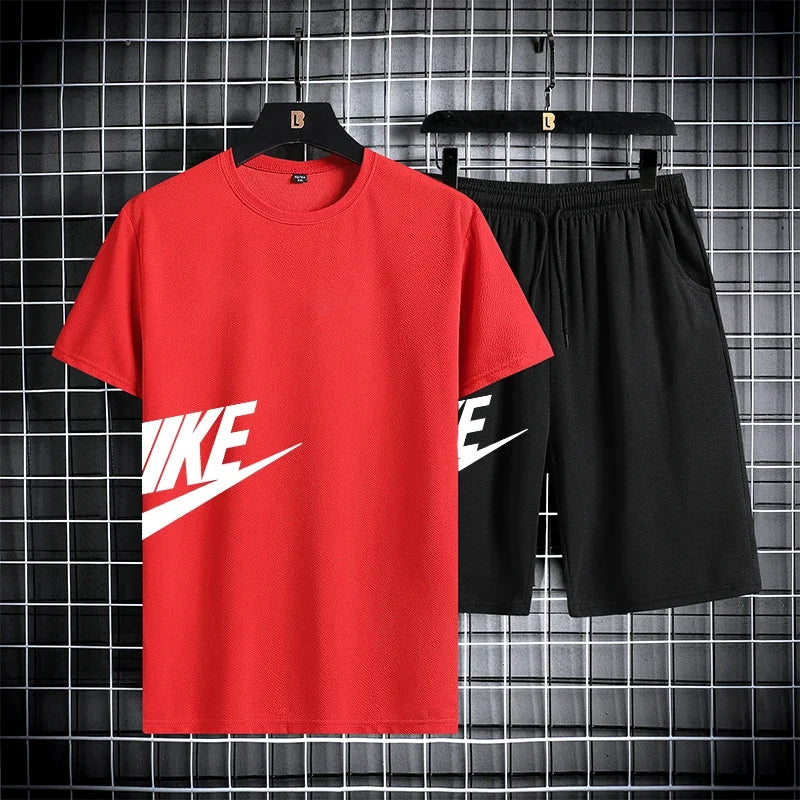 2025 New Fashion Trend Men's summer short-sleeved T-shirt set, men's casual sports fitness running shorts two-piece set