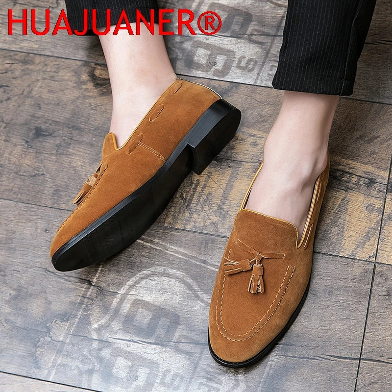 2025 New Spring Soft Suede Loafers for Men Tassel Slip On Leather Casual Shoes Yellow Moccasins Classic Business Shoes Luxury