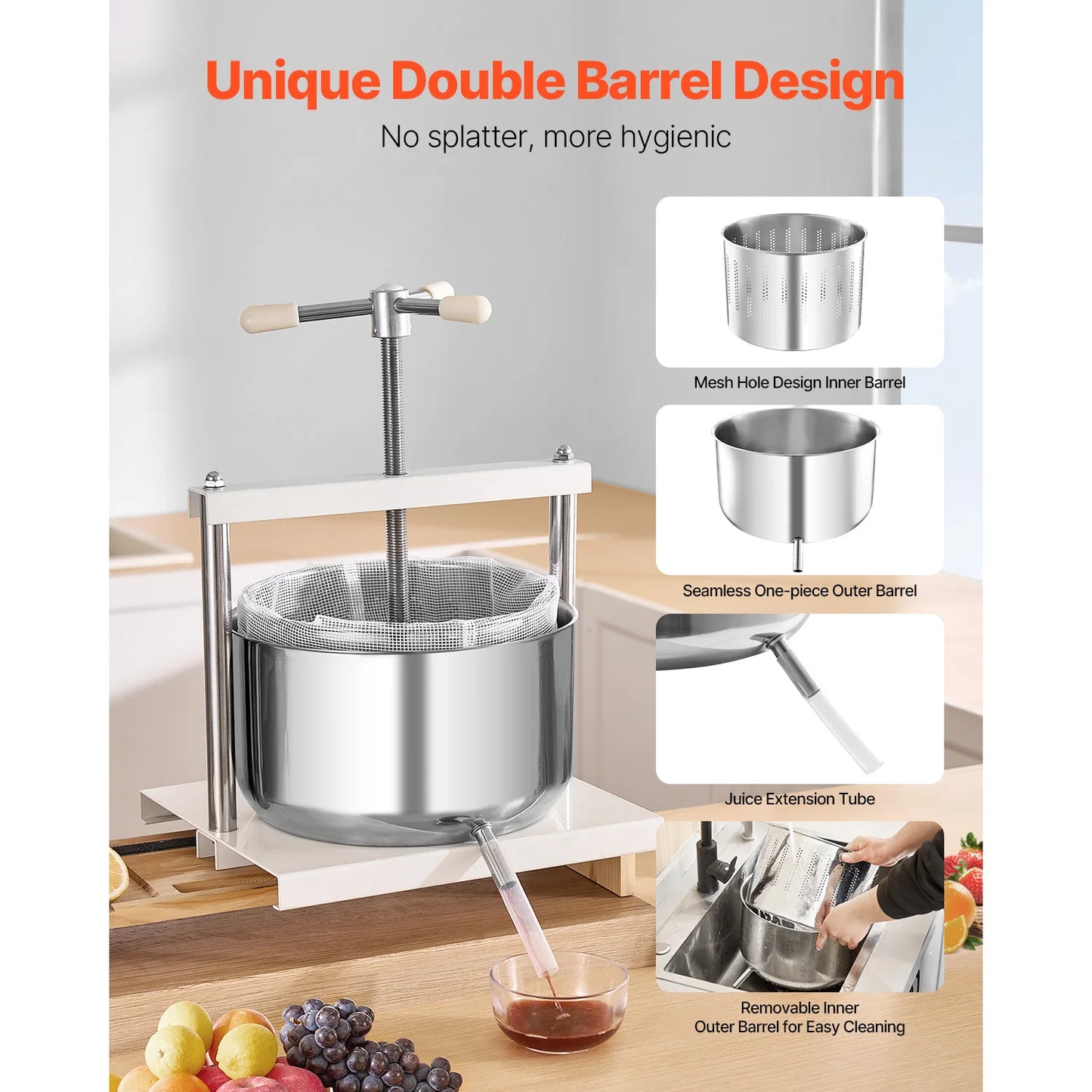 VEVOR 5L/12L Manual Fruit Wine Press Maker Stainless Steel Household Nature Vegetables Juice Making Machine for Home Kitchen