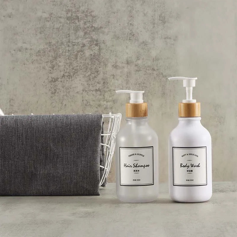 1PCS 300/500ML Bamboo Pump Dispenser Bathroom Shampoo Dish Soap Bottle Lotion Refillable Shower Gel Liquid Frosted Container