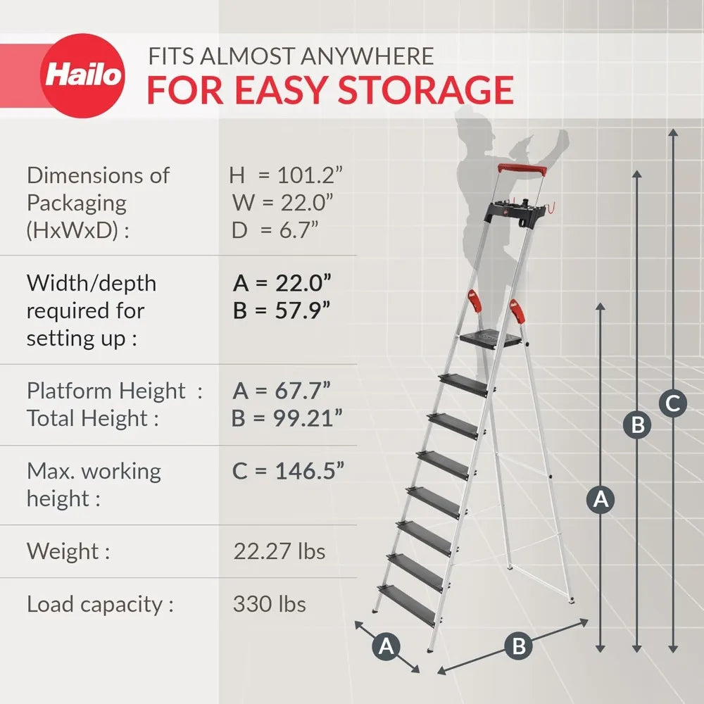 Folding Step Ladder, Non-Slip 8 Step Ladder for Garage, Home & Kitchen, L100, Silver/Black