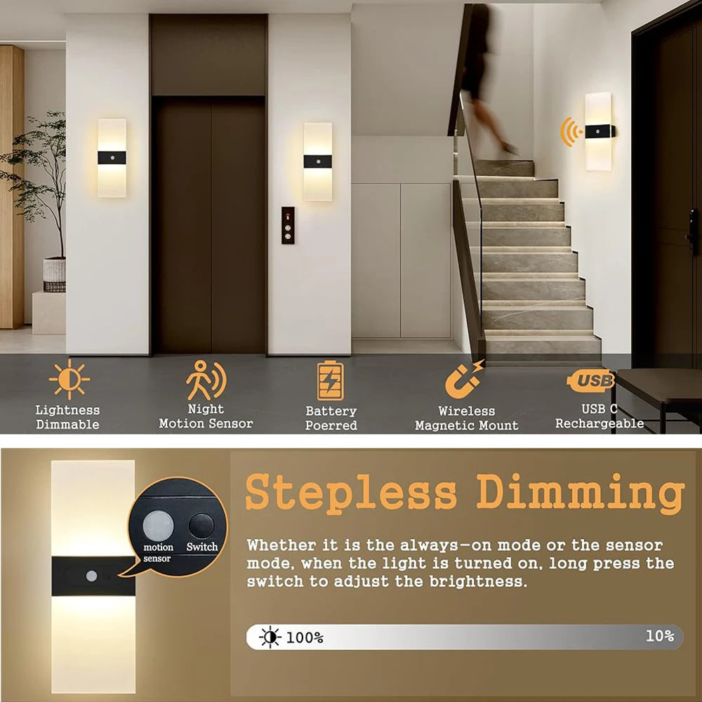 2PCS Wireless LED Wall Lamp Motion Sensor USB Rechargeable Acrylic Bedside Sconce Bedroom Decor Indoor Wall Lighting Fixture