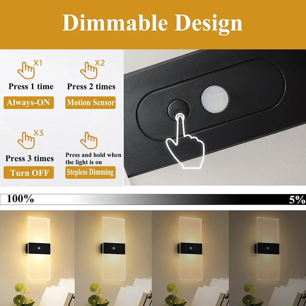 2PCS Wireless LED Wall Lamp Motion Sensor USB Rechargeable Acrylic Bedside Sconce Bedroom Decor Indoor Wall Lighting Fixture